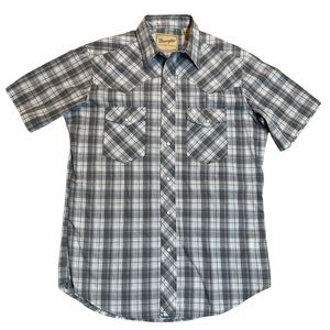 Wrangler Men's Gray and White Plaid Pearl Short Sleeve Snap Shirt Size Medium